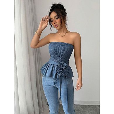 Women's Y2K Strapless Bandeau Top Ruffled Hem with 3D Floral Waist and Belt