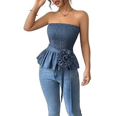 Women's Y2K Strapless Bandeau Top Ruffled Hem with 3D Floral Waist and Belt