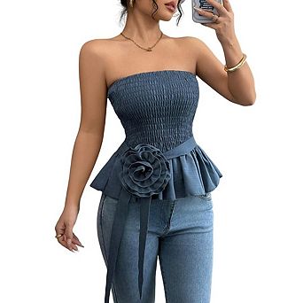 Women's Y2K Strapless Bandeau Top Ruffled Hem with 3D Floral Waist and Belt
