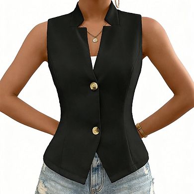 Womens Sleeveless Collared Waist Fitted Vest Button Casual Vest Jacket