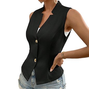 Womens Sleeveless Collared Waist Fitted Vest Button Casual Vest Jacket