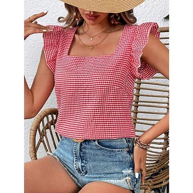 Women's Boho Casual Shirts Gingham Print Blouse Top Square Neck Ruffle Short Sleeve