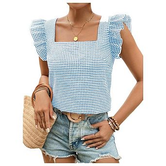 Women's Boho Casual Shirts Gingham Print Blouse Top Square Neck Ruffle Short Sleeve