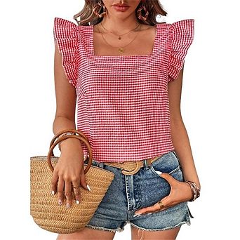 Women's Boho Casual Shirts Gingham Print Blouse Top Square Neck Ruffle Short Sleeve