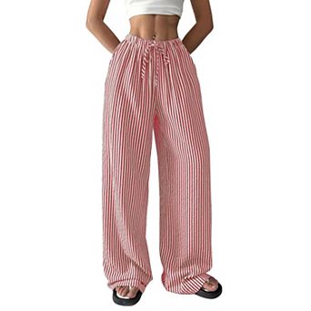 Striped Gingham Pants Women Spring Summer Pajamas Wide Leg Lounge Y2k Trousers with Pocket