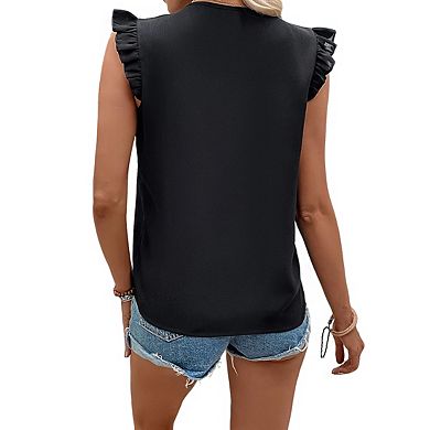 Women's V Neck Ruffle Cap Sleeve Embroidered Trim Textured Relaxed Fit Blouse