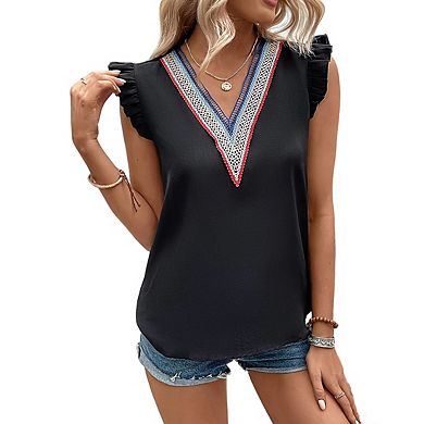 Women's V Neck Ruffle Cap Sleeve Embroidered Trim Textured Relaxed Fit Blouse
