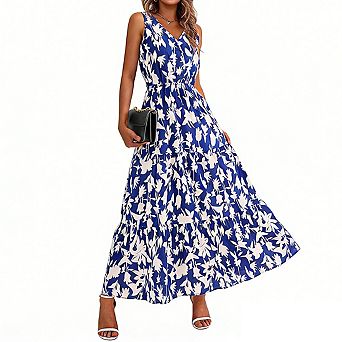 Women's V Neck Sleeveless Floral Print Smocked Waist Flowy Tiered Hem Maxi Dress