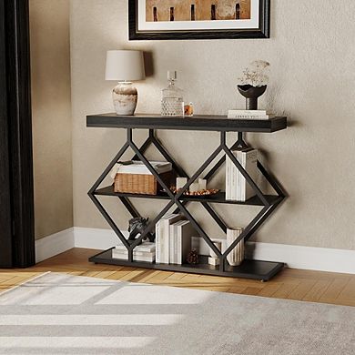 39" Console Table, 3-Tier Sofa Table Entryway Table with Open Shelves& Diamond-Shaped Design