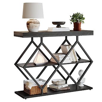 39" Console Table, 3 tier Sofa Table Entryway Table with Open Shelves& Diamond-Shaped Design