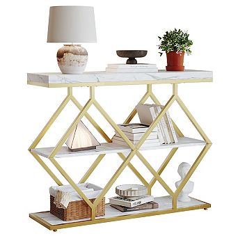 39" Console Table, 3 tier Sofa Table Entryway Table with Open Shelves& Diamond-Shaped Design