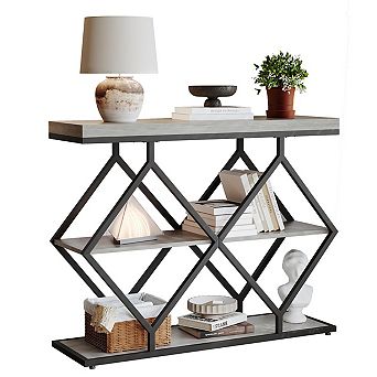 39" Console Table, 3 tier Sofa Table Entryway Table with Open Shelves& Diamond-Shaped Design
