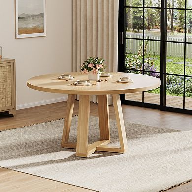 47" Round Dining Table for 4-6, Wood Kitchen Table with Cross Base, Modern Dinner Table, No Chairs