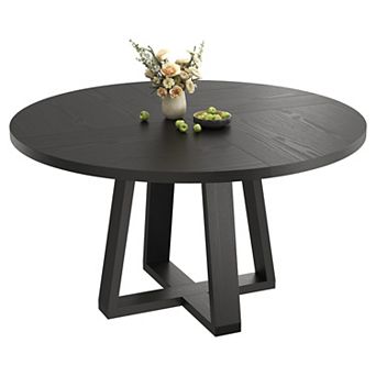 47" Round Dining Table for 4-6, Wood Kitchen Table with Cross Base, Modern Dinner Table, No Chairs