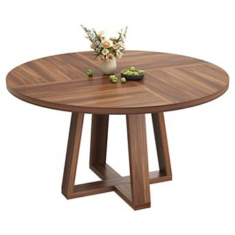 47" Round Dining Table for 4-6, Wood Kitchen Table with Cross Base, Modern Dinner Table, No Chairs