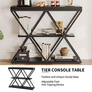 3-Tier Entryway Table, Industrial Console Sofa Table with Storage and X-Shaped Metal Frame