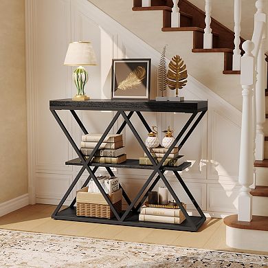 3-Tier Entryway Table, Industrial Console Sofa Table with Storage and X-Shaped Metal Frame