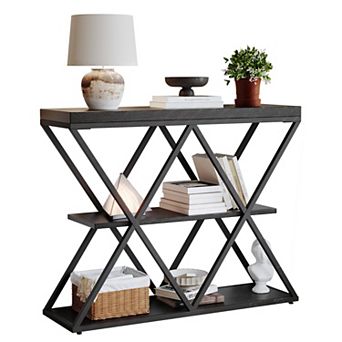 3 tier Entryway Table, Industrial Console Sofa Table with Storage and X-Shaped Metal Frame