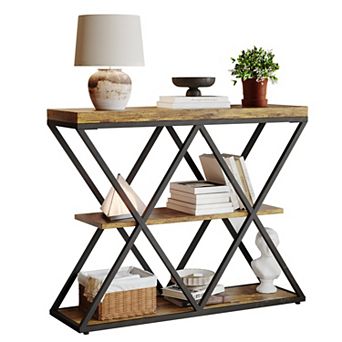 3 tier Entryway Table, Industrial Console Sofa Table with Storage and X-Shaped Metal Frame