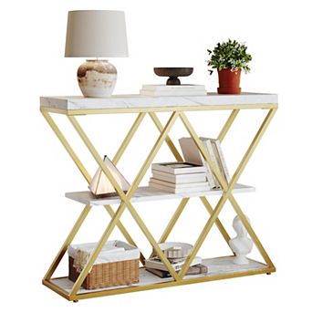 3 tier Entryway Table, Industrial Console Sofa Table with Storage and X-Shaped Metal Frame