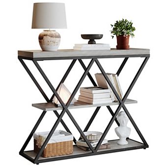 3 tier Entryway Table, Industrial Console Sofa Table with Storage and X-Shaped Metal Frame