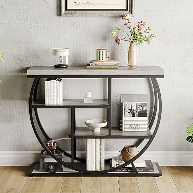 4-Tier Narrow Console Table,Industrial Behind Couch with Half-Circle Base & Storage Shelves
