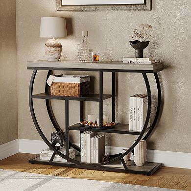 4-Tier Narrow Console Table,Industrial Behind Couch with Half-Circle Base & Storage Shelves