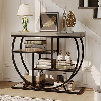 4-Tier Narrow Console Table,Industrial Behind Couch with Half-Circle Base & Storage Shelves