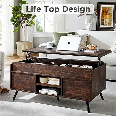Lift Top Coffee Table with Sliding Door Hidden Storage Adjustable Shelf