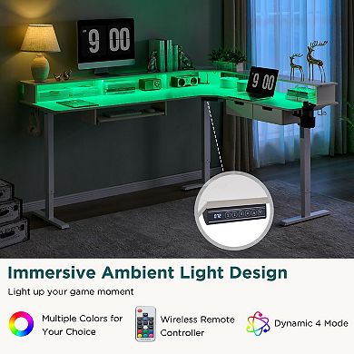 L Shaped Electric Standing Desk Gaming Corner with Drawers Keyboard Tray