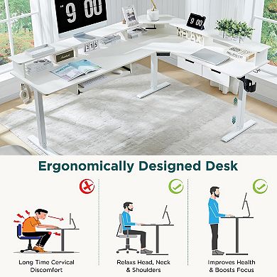 L Shaped Electric Standing Desk Gaming Corner with Drawers Keyboard Tray