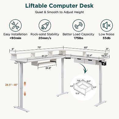 L Shaped Electric Standing Desk Gaming Corner with Drawers Keyboard Tray
