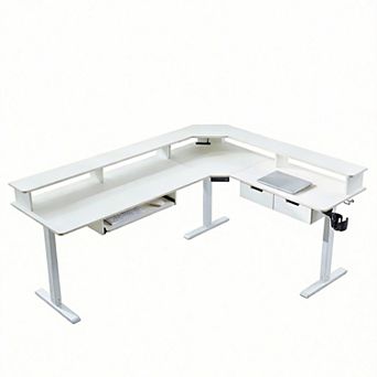 L Shaped Electric Standing Desk Gaming Corner with Drawers Keyboard Tray