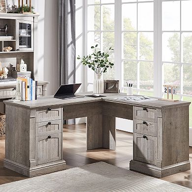 L-Shaped Executive Desk with Drawers Charging Station File Cabinet