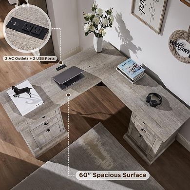 L-Shaped Executive Desk with Drawers Charging Station File Cabinet