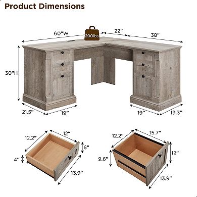 L-Shaped Executive Desk with Drawers Charging Station File Cabinet