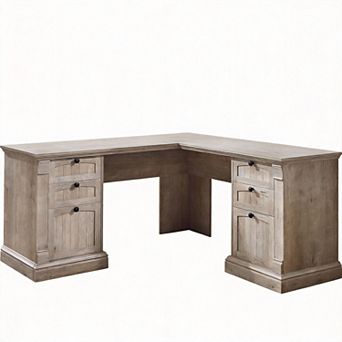 L-Shaped Executive Desk with Drawers Charging Station File Cabinet