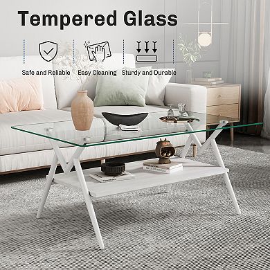 YQNUCO Rectangle Coffee Table with Tempered Glass top