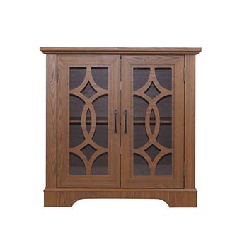 Dark Oak Sideboard Buffet Cabinet 34.37" x 15.55" x 34.06" with 2 Tempered Glass Doors