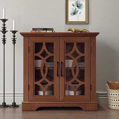 Dark Oak Sideboard Buffet Cabinet 34.37" x 15.55" x 34.06" with 2 Tempered Glass Doors