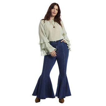 June & Vie Women's Plus Size High Waisted Flare Godet Jean
