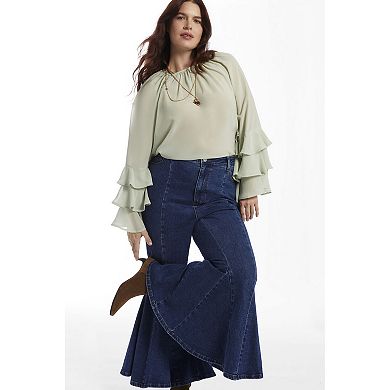 June & Vie Women's Plus Size High Waisted Flare Godet Jean
