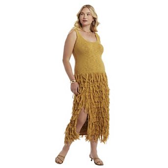 June & Vie Women's Plus Size Sweater Fringe Maxi Dress