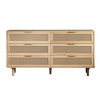 Merax Natural Rattan 6Drawer Dresser Spacious Storage Cabinet with Anti Tipping Design