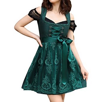 Women Oktoberfest Beer Costume 3 pc Set:Dress, Apron and Crop Top for Cosplay Parties