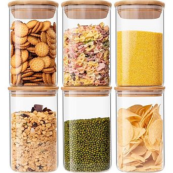 Glass Food Storage Jars with 100% Bamboo Lids, 6 pc 37 oz Airtight Set