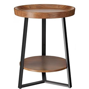 Great Ambitions Round 2 tier Farmhouse End Table with Storage, Brown Wood Top & Black Metal Frame
