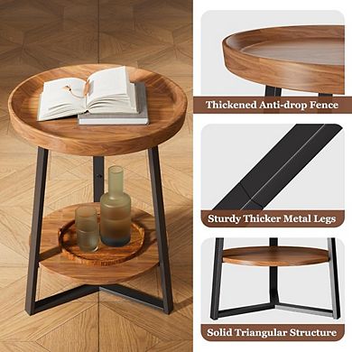 Great Ambitions Round 2-Tier Farmhouse End Table with Storage, Brown Wood Top & Black Metal Frame