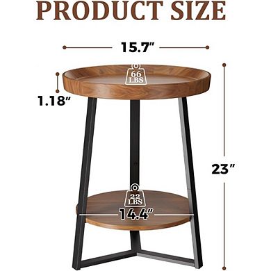 Great Ambitions Round 2-Tier Farmhouse End Table with Storage, Brown Wood Top & Black Metal Frame