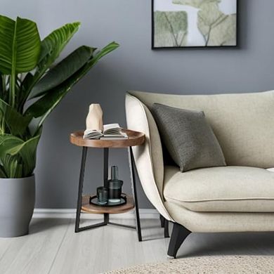 Great Ambitions Round 2-Tier Farmhouse End Table with Storage, Brown Wood Top & Black Metal Frame